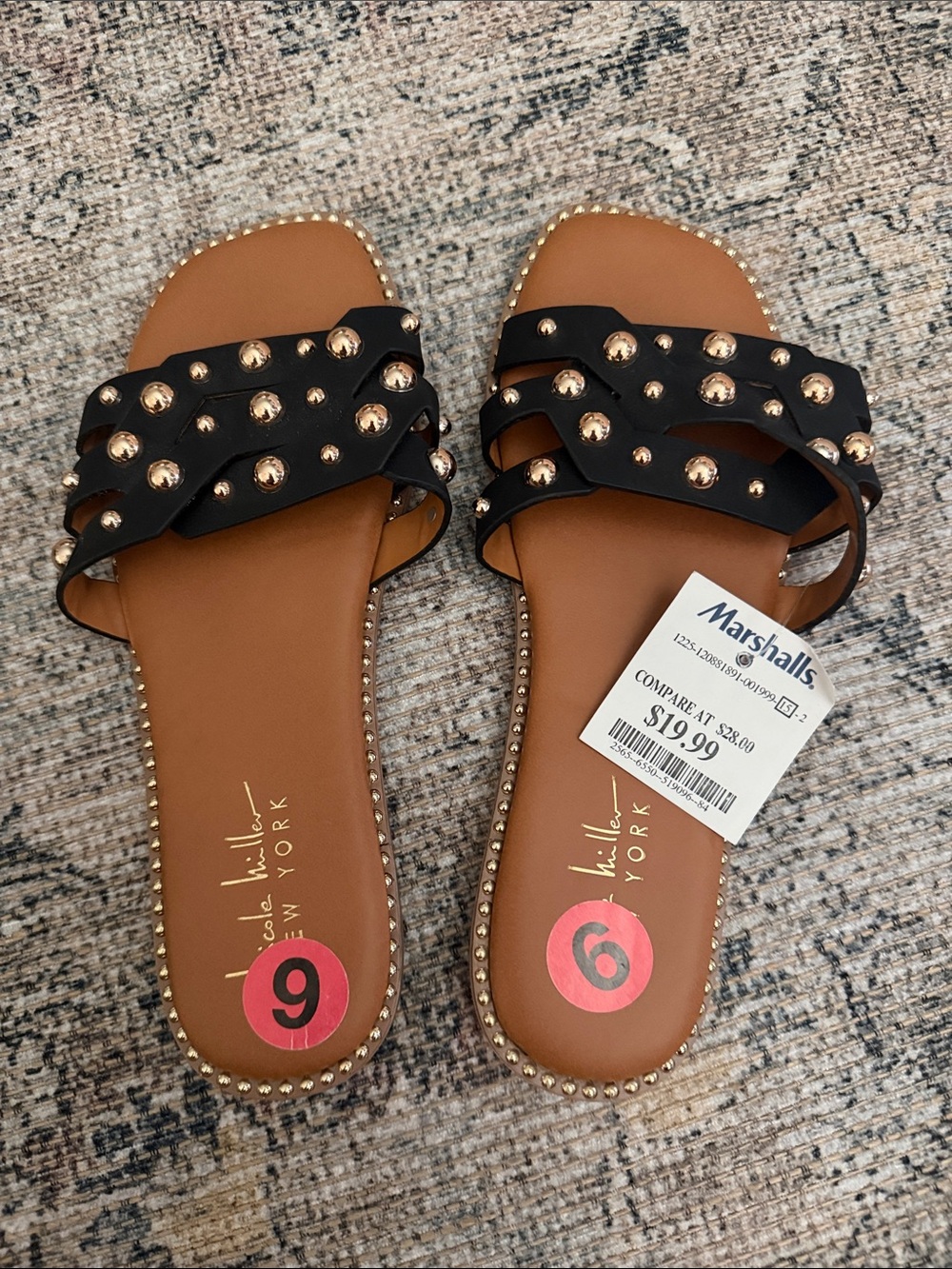 Nicole Miller Black Slide Sandals with Gold Studs